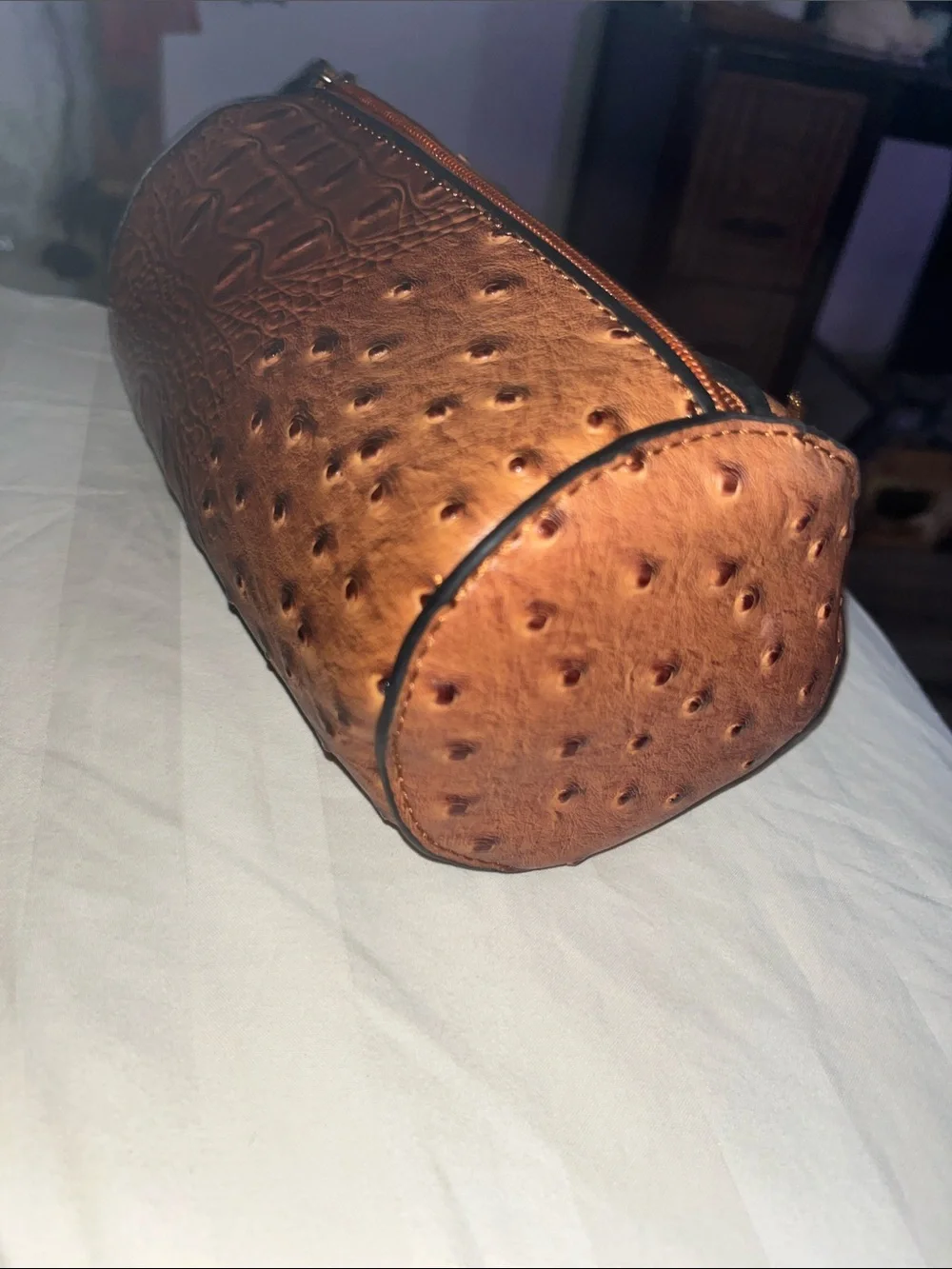 Women's Ostrich-Texture Wristlet Clutch in Cognac